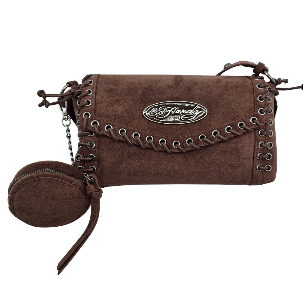 Ed Hardy Brown Suede Whipstitch Shoulder Bag with Coin Purse Y2K Western Studded - Picture 1 of 7